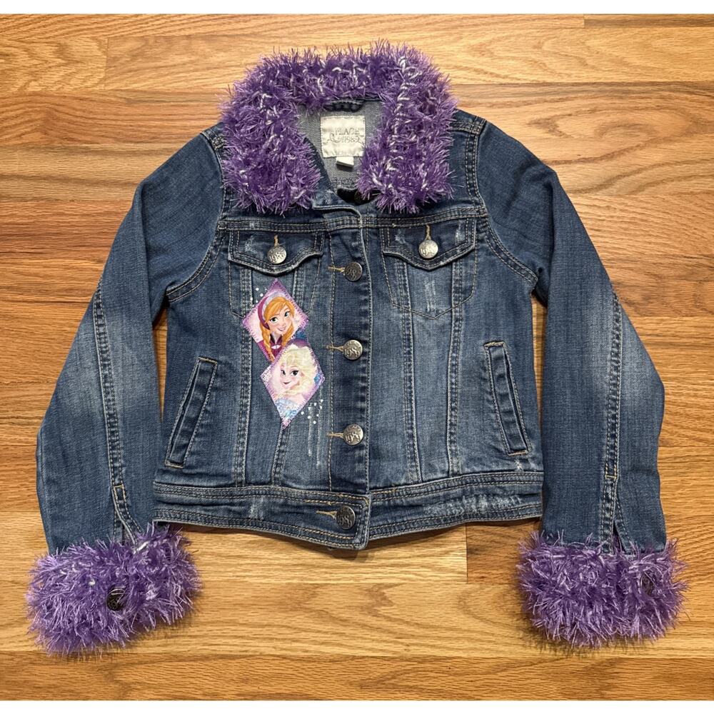 Disney Frozen Girl's Denim Jacket Faux Fur Embroidered Size Med 7/8